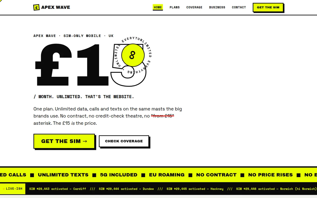 The Apex Wave demo site, a black and acid yellow brutalist homepage for a SIM only network