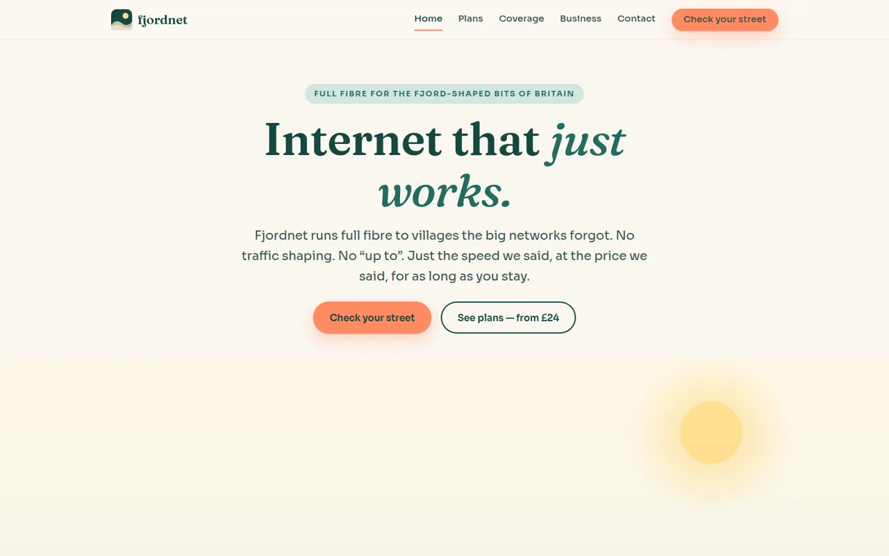 The Fjordnet demo site, a warm editorial homepage for a rural full fibre provider