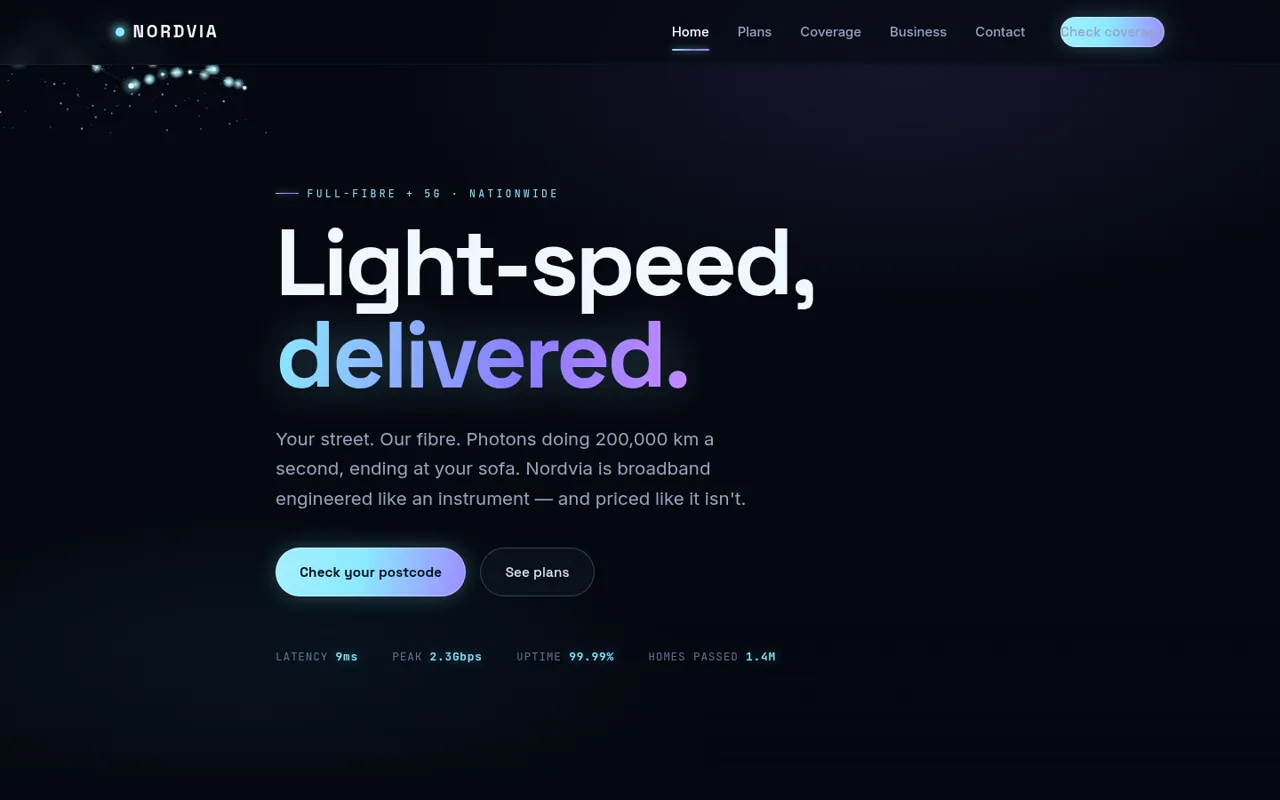 The Nordvia demo site, a dark cinematic homepage for a full fibre and 5G carrier