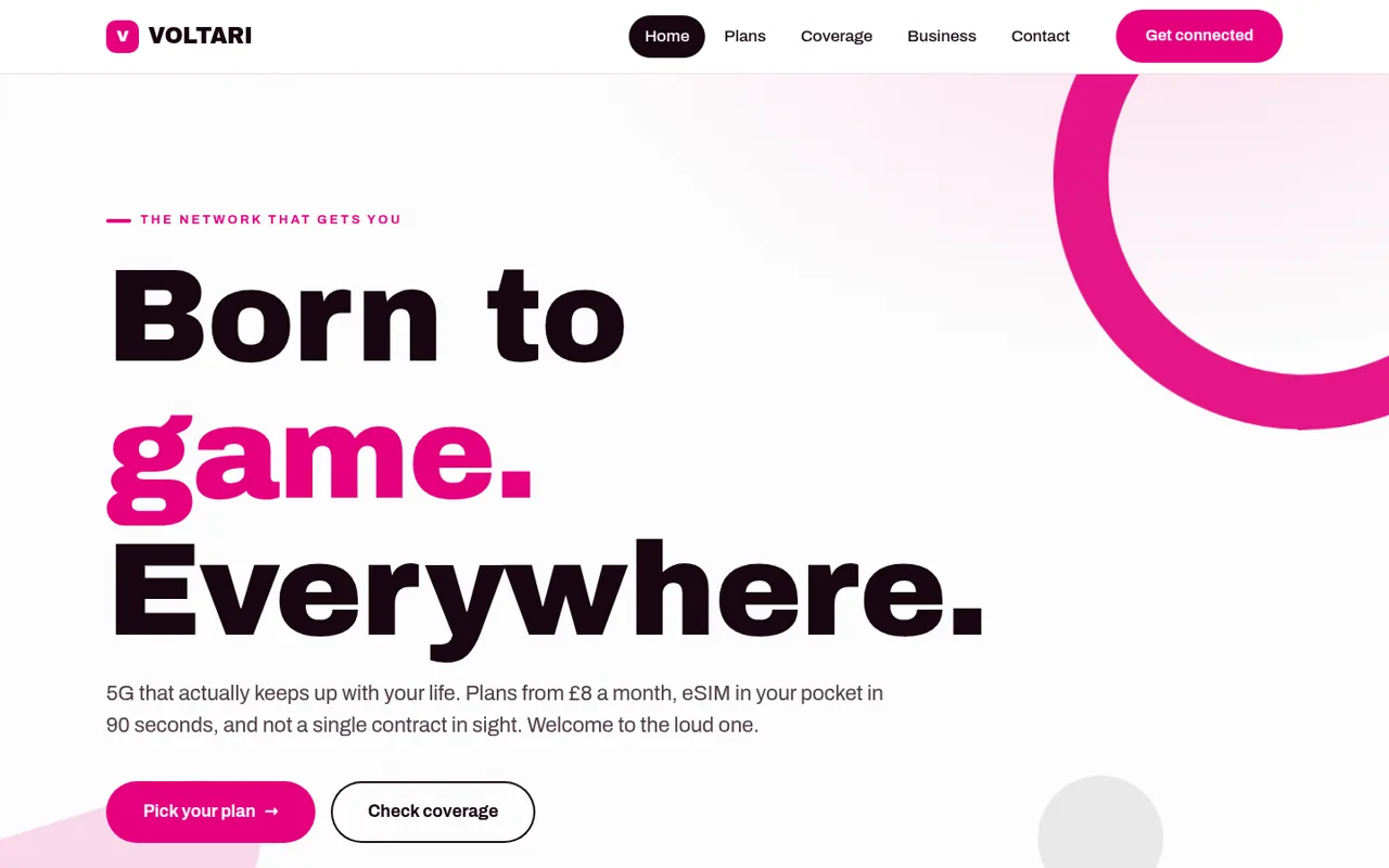 The Voltari demo site, a bold consumer homepage for a 5G mobile network